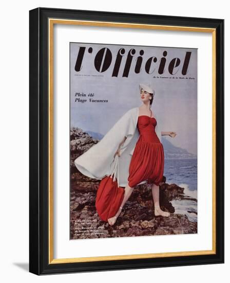 L'Officiel, June 1955 - Grès. Ensemble de Plage en Jersey de Rodier, Cape en Toile de Moreau-Philippe Pottier-Framed Art Print