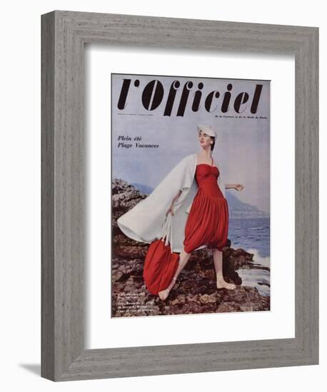 L'Officiel, June 1955 - Grès. Ensemble de Plage en Jersey de Rodier, Cape en Toile de Moreau-Philippe Pottier-Framed Premium Giclee Print