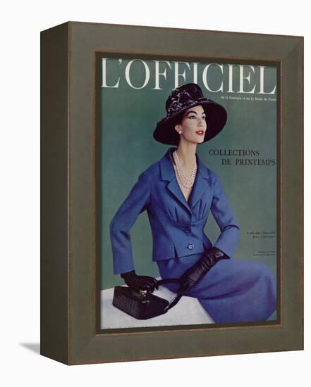 L'Officiel, March 1957 - Tailleur de Pierre Balmain en Cheviotte Poncho de Labbey-Philippe Pottier-Framed Stretched Canvas