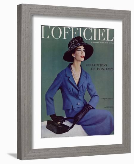 L'Officiel, March 1957 - Tailleur de Pierre Balmain en Cheviotte Poncho de Labbey-Philippe Pottier-Framed Art Print