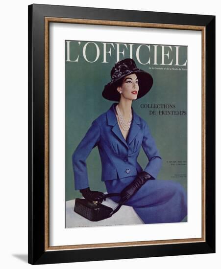 L'Officiel, March 1957 - Tailleur de Pierre Balmain en Cheviotte Poncho de Labbey-Philippe Pottier-Framed Art Print