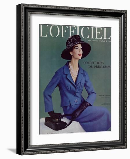 L'Officiel, March 1957 - Tailleur de Pierre Balmain en Cheviotte Poncho de Labbey-Philippe Pottier-Framed Art Print