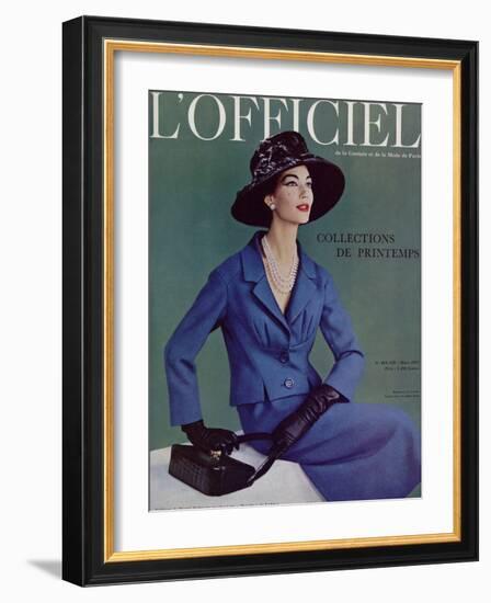 L'Officiel, March 1957 - Tailleur de Pierre Balmain en Cheviotte Poncho de Labbey-Philippe Pottier-Framed Art Print