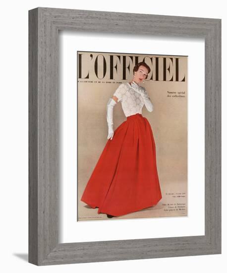 L'Officiel, October 1950 - Robe du Soir de Balenciaga, Velours de Ducharne, Laize Guipure de Maxime-Philippe Pottier-Framed Premium Giclee Print