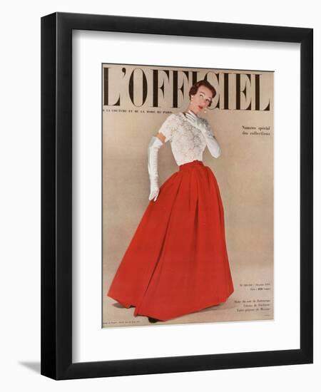 L'Officiel, October 1950 - Robe du Soir de Balenciaga, Velours de Ducharne, Laize Guipure de Maxime-Philippe Pottier-Framed Premium Giclee Print