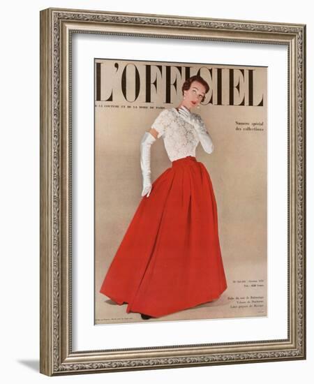 L'Officiel, October 1950 - Robe du Soir de Balenciaga, Velours de Ducharne, Laize Guipure de Maxime-Philippe Pottier-Framed Art Print