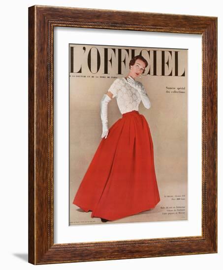 L'Officiel, October 1950 - Robe du Soir de Balenciaga, Velours de Ducharne, Laize Guipure de Maxime-Philippe Pottier-Framed Art Print