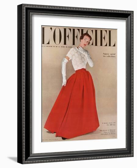 L'Officiel, October 1950 - Robe du Soir de Balenciaga, Velours de Ducharne, Laize Guipure de Maxime-Philippe Pottier-Framed Art Print