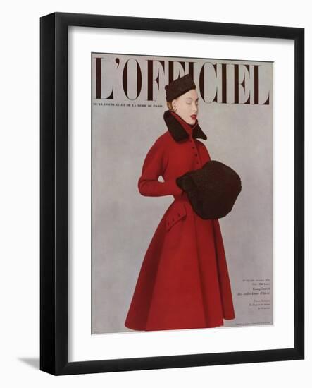 L'Officiel, October 1951 - Pierre Balmain, Redingote en Ratine de Rémond-Philippe Pottier-Framed Art Print