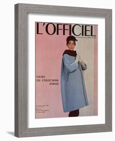 L'Officiel, October 1955 - Balenciaga, Manteau Sept-Huitièmes en Velours Côtelé-Philippe Pottier-Framed Art Print