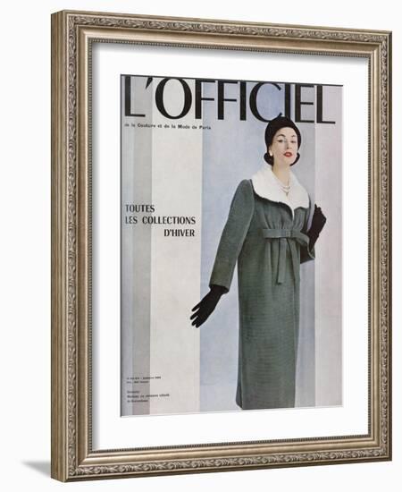 L'Officiel, October 1956 - Givenchy, Manteau en Velours Côtelé de Gerondeau-Philippe Pottier-Framed Art Print