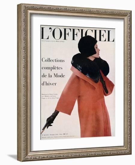 L'Officiel, October 1960 - Manteau de Pierre Cardin en Hebriz de Lesur Toque et Col en Vison Umpa-Arsac-Framed Art Print