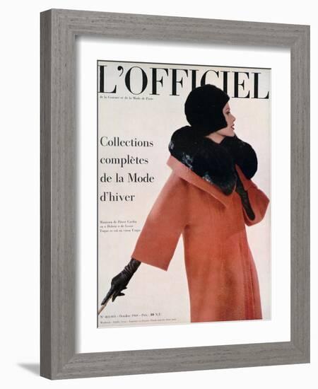 L'Officiel, October 1960 - Manteau de Pierre Cardin en Hebriz de Lesur Toque et Col en Vison Umpa-Arsac-Framed Art Print