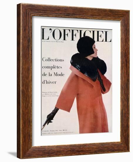 L'Officiel, October 1960 - Manteau de Pierre Cardin en Hebriz de Lesur Toque et Col en Vison Umpa-Arsac-Framed Art Print