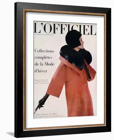 L'Officiel, October 1960 - Manteau de Pierre Cardin en Hebriz de Lesur Toque et Col en Vison Umpa-Arsac-Framed Art Print