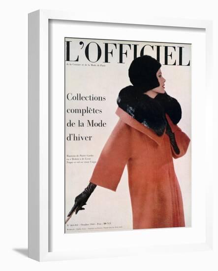 L'Officiel, October 1960 - Manteau de Pierre Cardin en Hebriz de Lesur Toque et Col en Vison Umpa-Arsac-Framed Art Print