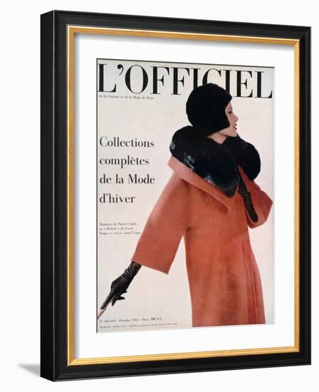 L'Officiel, October 1960 - Manteau de Pierre Cardin en Hebriz de Lesur Toque et Col en Vison Umpa-Arsac-Framed Art Print