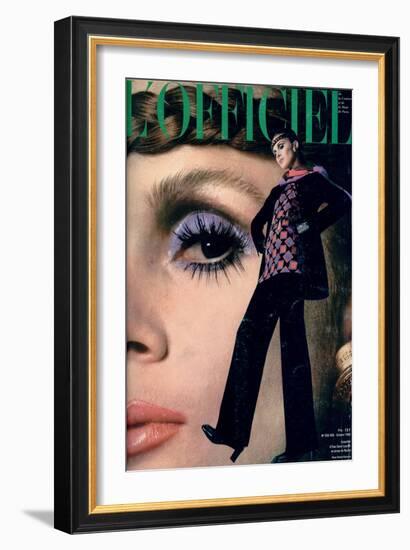 L'Officiel, October 1968 - Ensemble d'Yves-Saint Laurent en Jersey de Racine-Roland Bianchini-Framed Art Print