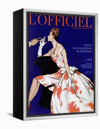 L'Officiel - Robe du Soir de Jean Lanvin Castillo en Organsoie de Ducharne, Bijoux de Mauboussin-Mourgue-Framed Stretched Canvas