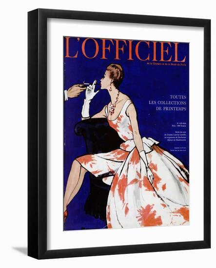 L'Officiel - Robe du Soir de Jean Lanvin Castillo en Organsoie de Ducharne, Bijoux de Mauboussin-Mourgue-Framed Art Print