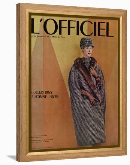 L'Officiel, September 1956 - Ensemble-Cape de Christian Dior en Arakweed de Rodier-Philippe Pottier-Framed Stretched Canvas
