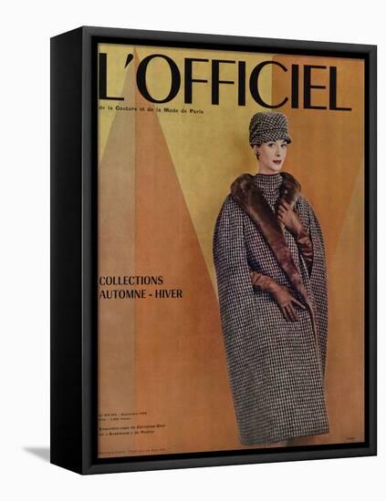 L'Officiel, September 1956 - Ensemble-Cape de Christian Dior en Arakweed de Rodier-Philippe Pottier-Framed Stretched Canvas