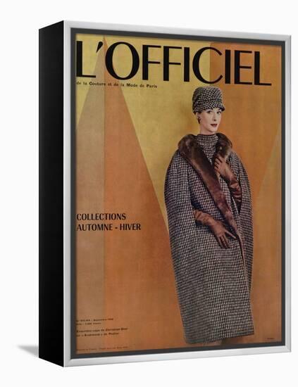 L'Officiel, September 1956 - Ensemble-Cape de Christian Dior en Arakweed de Rodier-Philippe Pottier-Framed Stretched Canvas