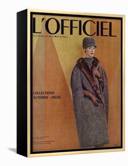 L'Officiel, September 1956 - Ensemble-Cape de Christian Dior en Arakweed de Rodier-Philippe Pottier-Framed Stretched Canvas