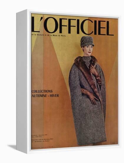 L'Officiel, September 1956 - Ensemble-Cape de Christian Dior en Arakweed de Rodier-Philippe Pottier-Framed Stretched Canvas