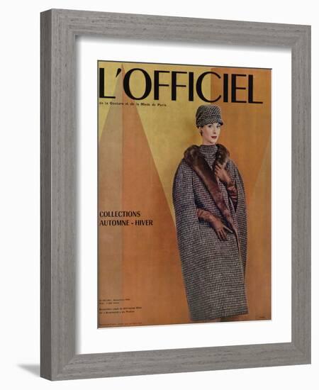 L'Officiel, September 1956 - Ensemble-Cape de Christian Dior en Arakweed de Rodier-Philippe Pottier-Framed Art Print