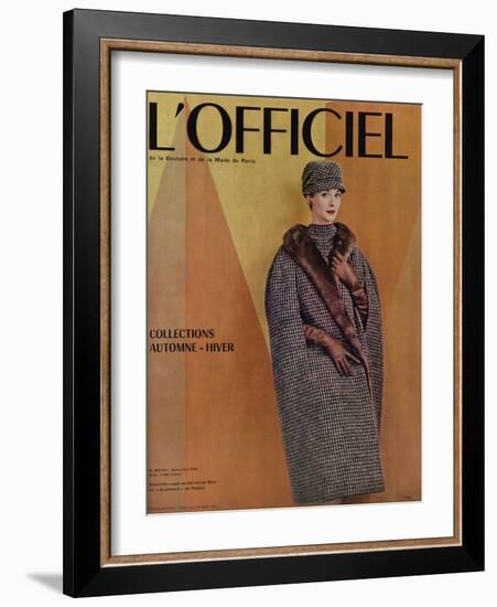 L'Officiel, September 1956 - Ensemble-Cape de Christian Dior en Arakweed de Rodier-Philippe Pottier-Framed Art Print