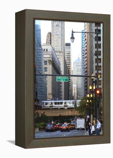 L Train on Elevated Track Crosses South Lasalle Street in the Loop District, Chicago, Illinois, USA-Amanda Hall-Framed Premier Image Canvas