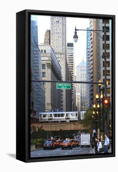 L Train on Elevated Track Crosses South Lasalle Street in the Loop District, Chicago, Illinois, USA-Amanda Hall-Framed Premier Image Canvas