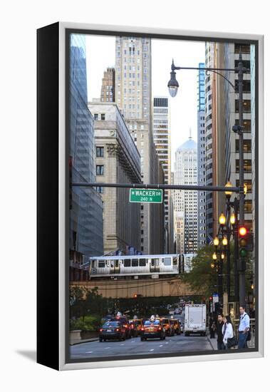 L Train on Elevated Track Crosses South Lasalle Street in the Loop District, Chicago, Illinois, USA-Amanda Hall-Framed Premier Image Canvas