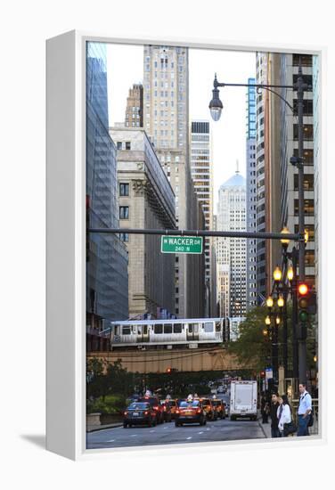 L Train on Elevated Track Crosses South Lasalle Street in the Loop District, Chicago, Illinois, USA-Amanda Hall-Framed Premier Image Canvas