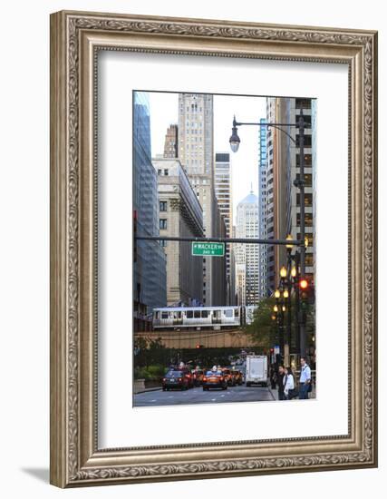 L Train on Elevated Track Crosses South Lasalle Street in the Loop District, Chicago, Illinois, USA-Amanda Hall-Framed Photographic Print