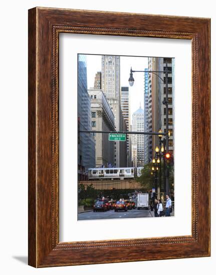 L Train on Elevated Track Crosses South Lasalle Street in the Loop District, Chicago, Illinois, USA-Amanda Hall-Framed Photographic Print