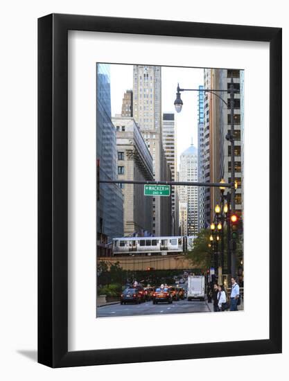 L Train on Elevated Track Crosses South Lasalle Street in the Loop District, Chicago, Illinois, USA-Amanda Hall-Framed Photographic Print