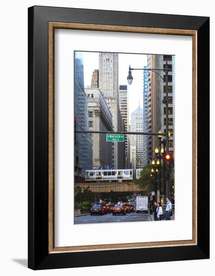 L Train on Elevated Track Crosses South Lasalle Street in the Loop District, Chicago, Illinois, USA-Amanda Hall-Framed Photographic Print