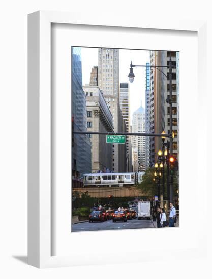 L Train on Elevated Track Crosses South Lasalle Street in the Loop District, Chicago, Illinois, USA-Amanda Hall-Framed Photographic Print