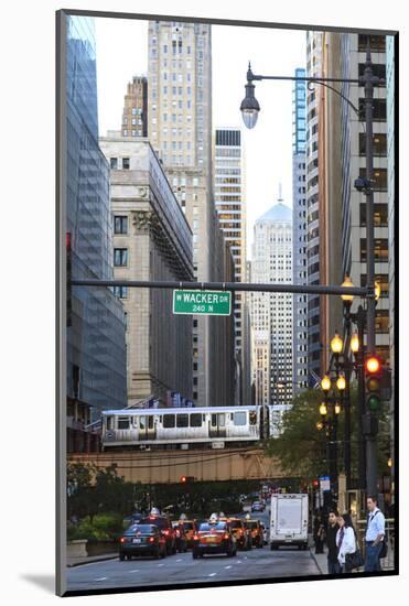 L Train on Elevated Track Crosses South Lasalle Street in the Loop District, Chicago, Illinois, USA-Amanda Hall-Mounted Photographic Print