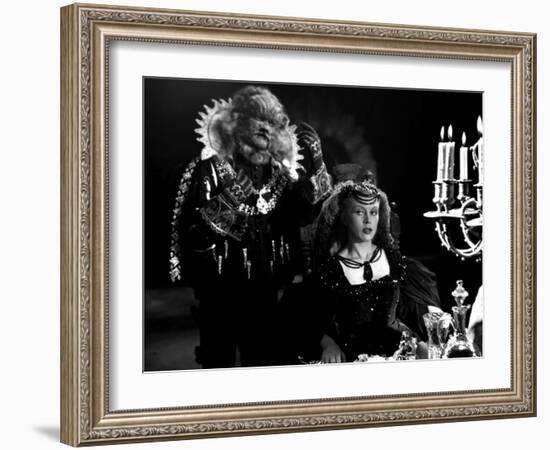 La Belle and la Bete by JeanCocteau with Josette Day and Jean Marais, 1946 (b/w photo)-null-Framed Photo