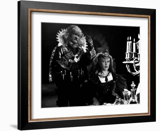 La Belle and la Bete by JeanCocteau with Josette Day and Jean Marais, 1946 (b/w photo)-null-Framed Photo