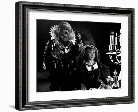 La Belle and la Bete by JeanCocteau with Josette Day and Jean Marais, 1946 (b/w photo)-null-Framed Photo