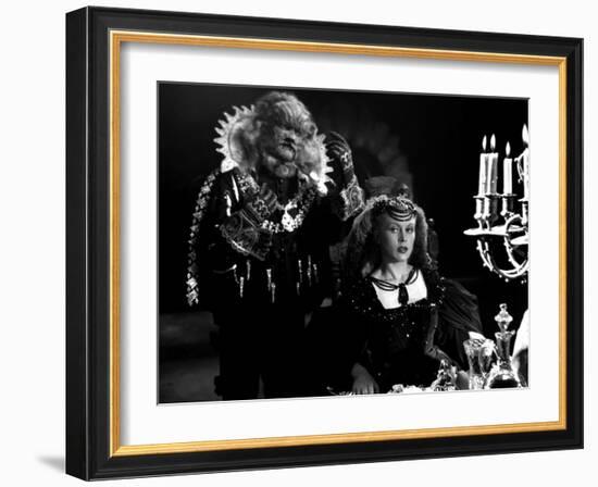 La Belle and la Bete by JeanCocteau with Josette Day and Jean Marais, 1946 (b/w photo)-null-Framed Photo