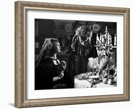 La Belle and la Bete by JeanCocteau with Josette Day and Jean Marais, 1946 (b/w photo)-null-Framed Photo