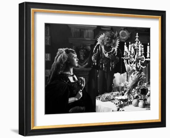 La Belle and la Bete by JeanCocteau with Josette Day and Jean Marais, 1946 (b/w photo)-null-Framed Photo