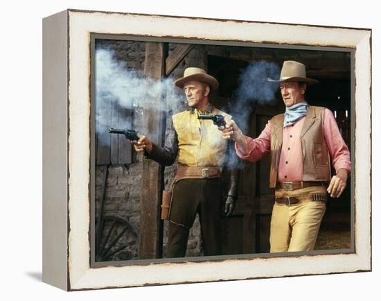 La caravane by feu THE WAR WAGON by Burt Kennedy with Kirk Douglas and John Wayne, 1967 (photo)-null-Framed Stretched Canvas