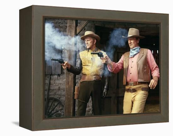 La caravane by feu THE WAR WAGON by Burt Kennedy with Kirk Douglas and John Wayne, 1967 (photo)-null-Framed Stretched Canvas