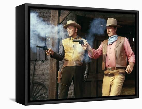 La caravane by feu THE WAR WAGON by Burt Kennedy with Kirk Douglas and John Wayne, 1967 (photo)-null-Framed Stretched Canvas